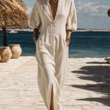 Collarless Striped Button-Front Midi