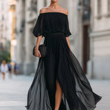 Off Shoulder Pleated Maxi Dress
