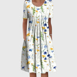 Round Neck Printed Pleated Dress