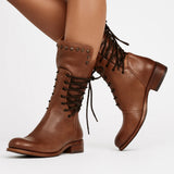 Studded Lace-Up Mid-Calf Boots