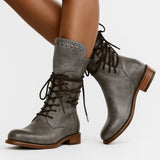 Studded Lace-Up Mid-Calf Boots