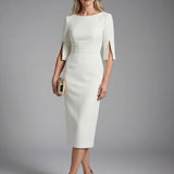 Split-Sleeve Fitted Midi Dress