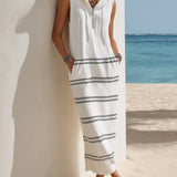 White Hooded Striped Maxi Dress