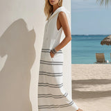 White Hooded Striped Maxi Dress