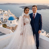 A-Line Court Train Floral Overlay Wedding Dress
