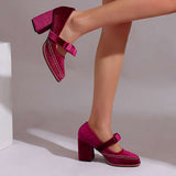 Velvet Bow Block Heel Loafers