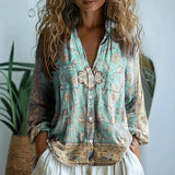 Nature Print Split V-Neck Blouse