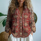Nature Print Split V-Neck Blouse