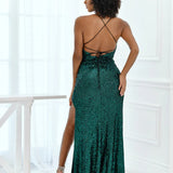 Lace-Up Sequin Maxi Gown