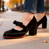 Velvet Bow Block Heel Loafers