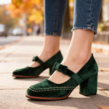Velvet Bow Block Heel Loafers