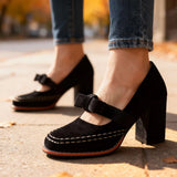 Velvet Bow Block Heel Loafers
