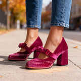 Velvet Bow Block Heel Loafers