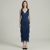 Fringe Beaded V-Neck Midi Dress