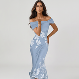 Off Shoulder Floral Print Midi Dress