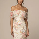 Floral Off Shoulder Bodycon Maxi Dress with Cascading Ruffle Trim