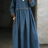 Round Neck Long Sleeve Denim Maxi Dress