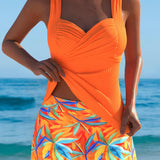 Ribbed Tankini with Tropical Print Skirt