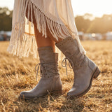 Studded Lace-Up Mid-Calf Boots