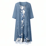 Layered Floral Midi Dress and Duster Set
