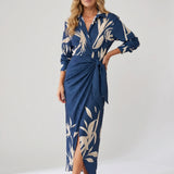 Leaf Print Wrap Maxi Dress